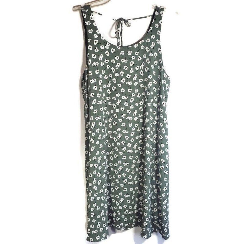 Bobeau Dress Womens Summer Sleeveless Ditsy Floral Lined Tie Back Light Olive M